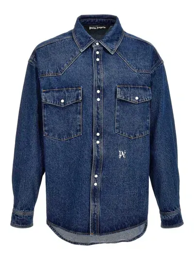 Palm Angels Monogram Denim Shirt In Blue