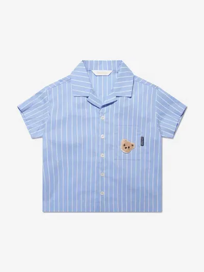 Palm Angels Kids' Teddy-patch Striped Shirt In Blue