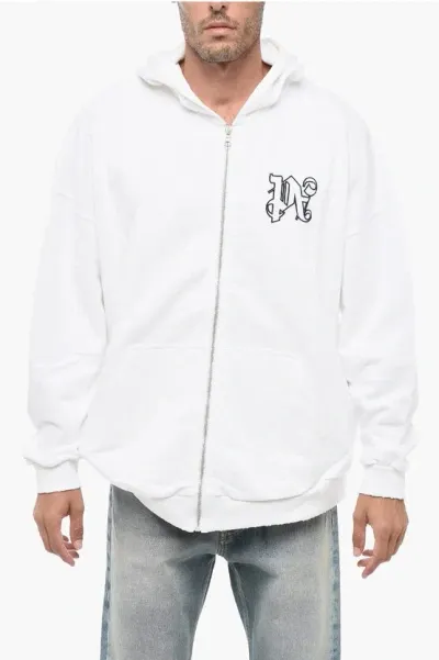 Palm Angels Brushed Cotton Monogram Zipped Hoodie In White