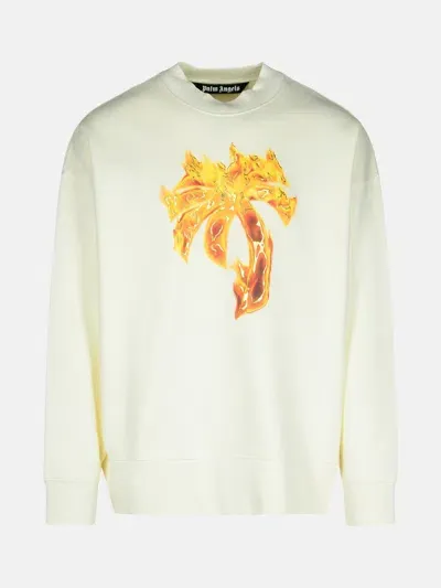 Palm Angels 'burning Palm' Cream Cotton Sweatshirt