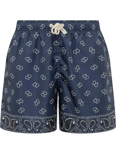 Palm Angels Swim Shorts With Bandana Monogram In Navy