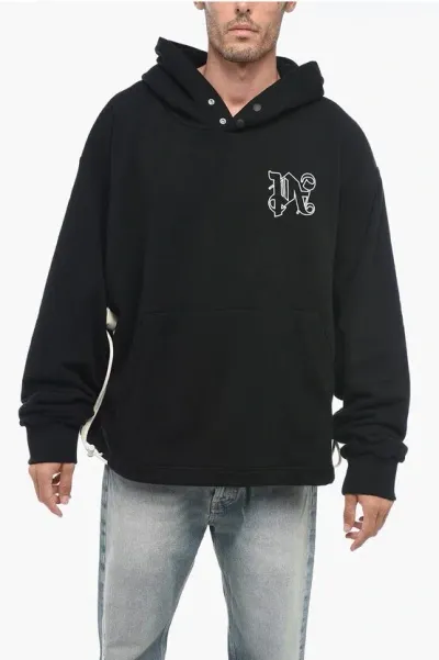 Palm Angels Cotton Monogram Hoodie With Drawstrings In Black