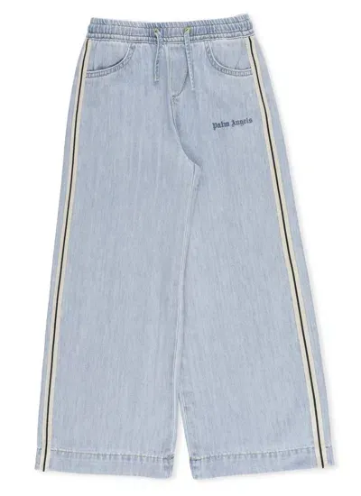 Palm Angels Kids' Stripe-trim Wide-leg Jeans In Blue