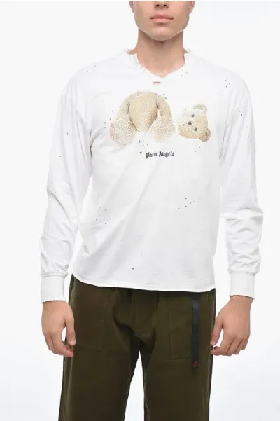 Palm Angels Crew Neck Bear Distressed Cotton T-shirt In White