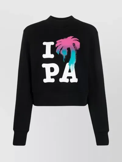 Palm Angels Brushed Cotton Printed Cropped Crewneck Sweatshirt In Black