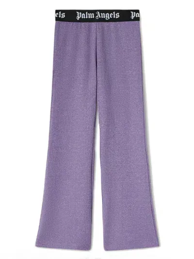 Palm Angels Kids' High-rise Ribbed-knit Flared Pants In Lilac Black