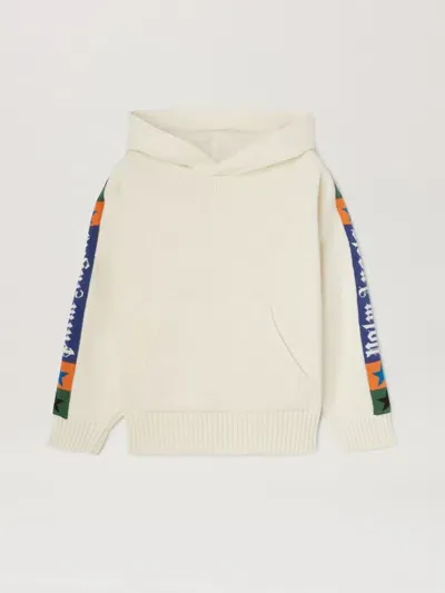 Palm Angels Knit Hoodie With Jacquard Bands In Neutral