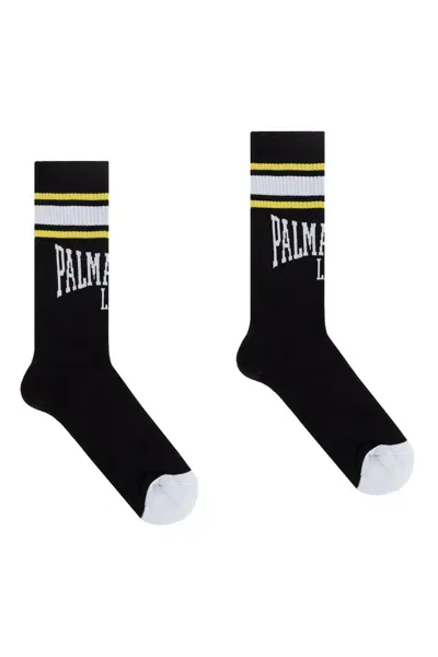 Palm Angels College Intarsia Knit-logo Socks In Black