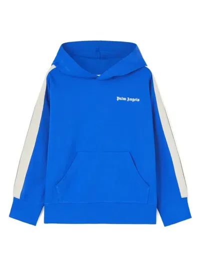 Palm Angels Kids' Logo-print Cotton Hoodie In Blue/off White