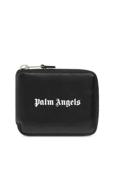 Palm Angels Logo Printed Zipped Wallet In Black/white