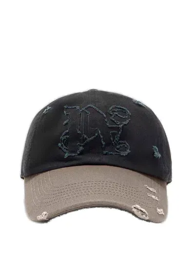 Palm Angels Monogram Patch Distressed Baseball Cap In Anthracite Taupe