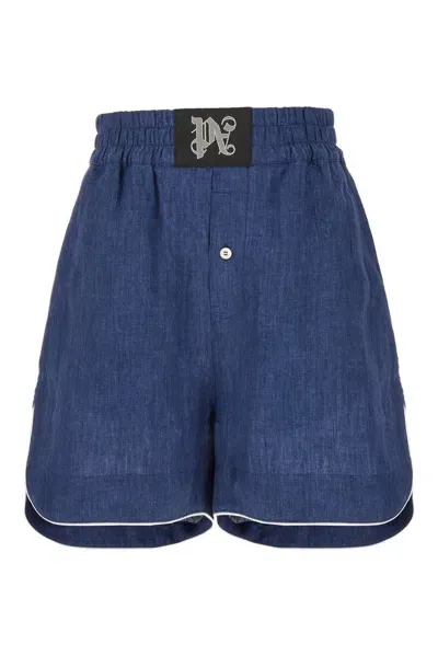 Palm Angels Monogram Linen Boxer Shorts In Blu