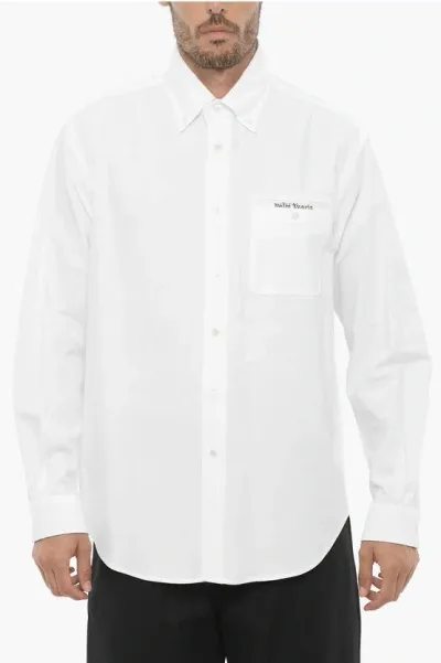 Palm Angels Piquet Cotton Button Down Shirt With Breast Pocket In White