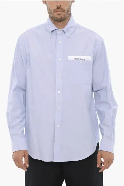 Palm Angels Piquet Cotton Button Down Shirt With Breast Pocket In Blue