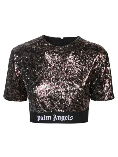 Palm Angels "sequins Logo Tape" T-shirt In Brown