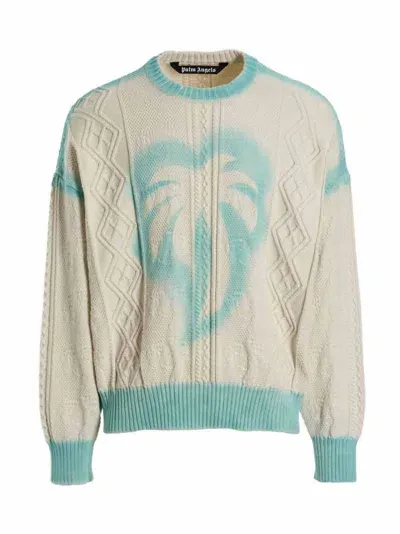 Palm Angels Sprayed Palm Fishermans Crewneck In Blanco