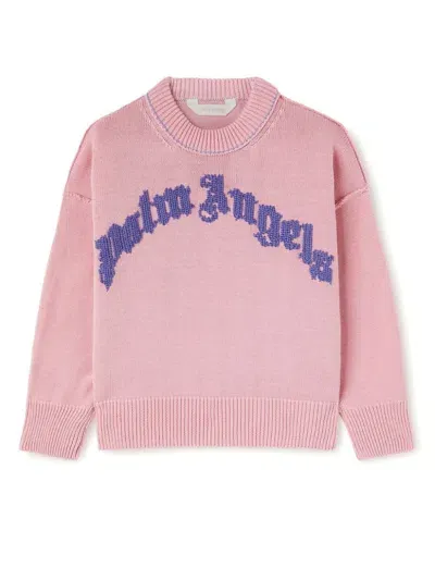 Palm Angels Kids' Curved Logo-embroidered Cotton Jumper In Pink