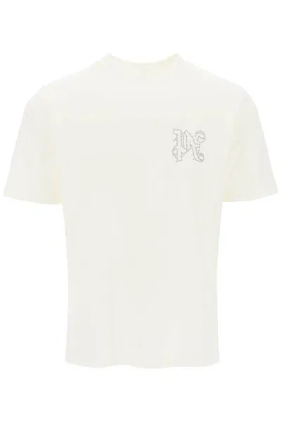 Palm Angels T-shirt With Studded Monogram In Off White Gunm (white)