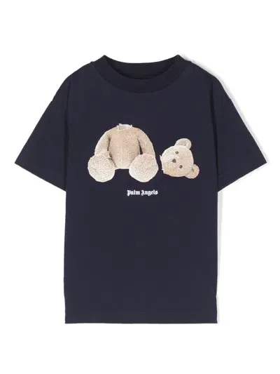 Palm Angels Kids' Teddy Bear Print T-shirt In Blue