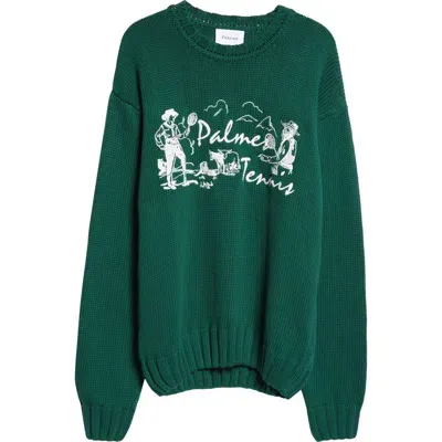 Palmes Dustup Embroidered Cotton Crewneck Sweater In Dark Green