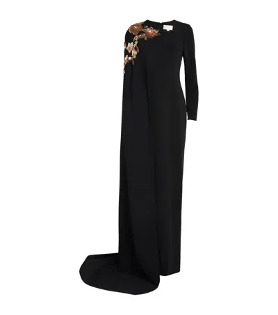 Pamella Roland Asymmetric Cape-sleeve Gown In Black