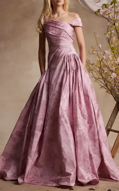 Pamella Roland Asymmetric Floral Taffeta Gown In Pink