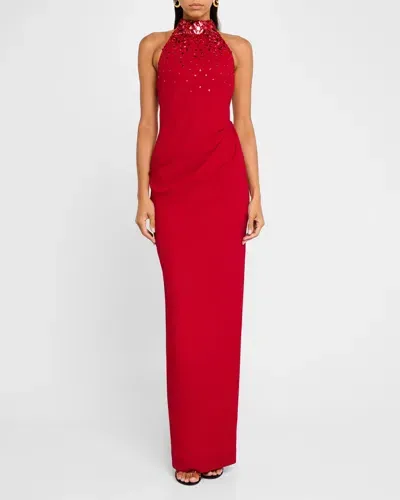 Pamella Roland Crepe Gown With Embroidered Neckline In Scarlet