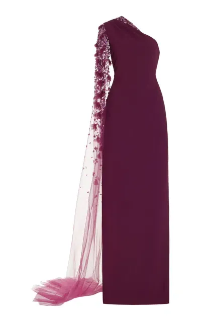 Pamella Roland Embellished Tulle-sleeve Crepe Gown In Burgundy