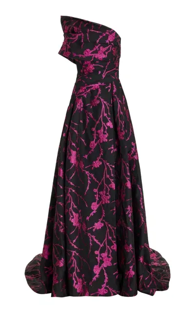 Pamella Roland Floral Fil-coupe Asymmetric Draped Gown In Black