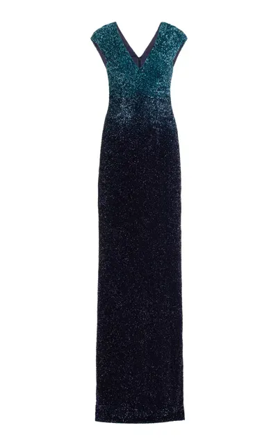 Pamella Roland Sequined Gown In Turquoise