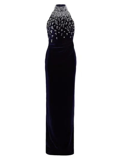 Pamella Roland Velvet Halter Gown With Beaded Bodice In Navy White