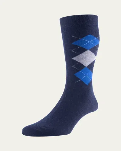 Pantherella Men's Locke Argyle Merino Socks In Navy