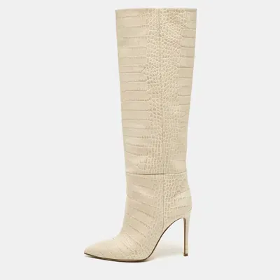 Pre-owned Paris Texas Cream Croc Embossed Leather Knee Length Boots Size 38