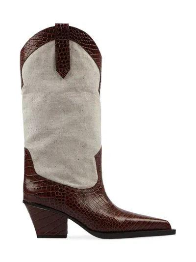 Paris Texas Rosario Leather-trimmed Canvas Western Boots In Chocolate