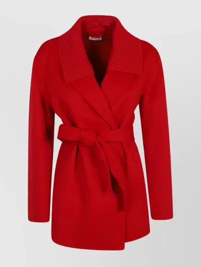 P.a.r.o.s.h Waist Belted Long Sleeves Ribbed Collar Coat In Red