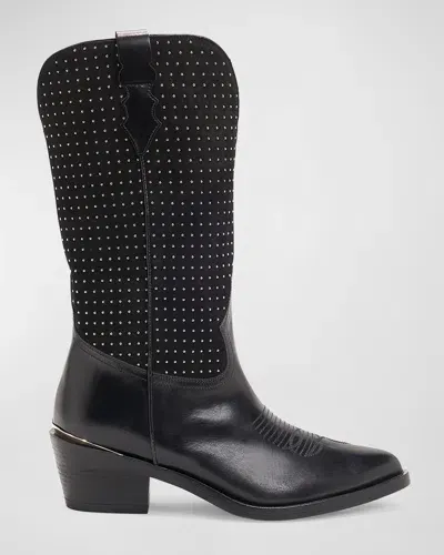 Partlow Woodley Studded Mixed Leather Western Boots In Nero