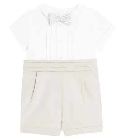 Patachou Baby Linen Top And Pants Set In Beige/blue Stripes