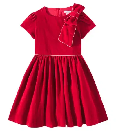 Patachou Kids' Bow-detail Cotton Velvet Dress In Red