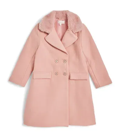 Patachou Kids' Faux Fur-collar Coat In Pink