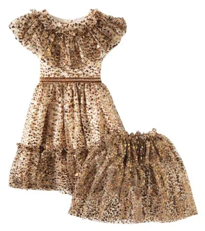 Patachou Kids' Sequined Tulle Cape And Dress Set In Brown