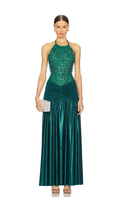 Patbo Hand-beaded Tulle And Jersey Gown In Emerald