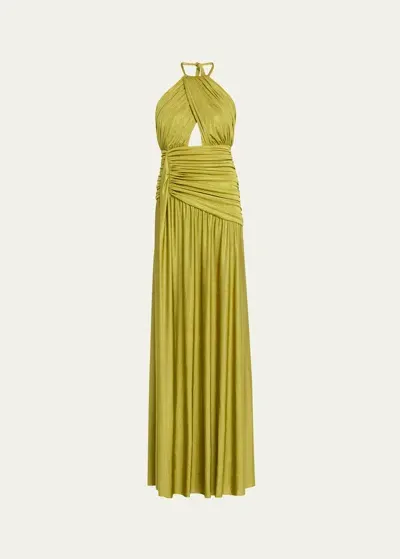 Patbo Metallic Jersey Open-back Halter Maxi Dress In Absinthe