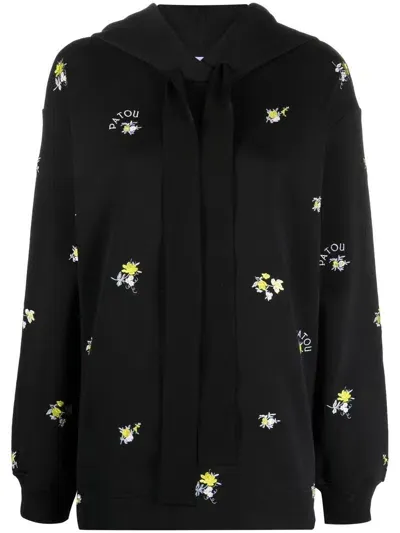 Patou Floral-embroidered Drawstring Hoodie In Schwarz