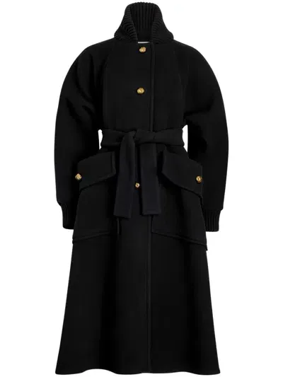 Patou Ribbed-collar Tied-waist Coat In Black