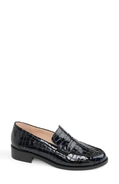 Patricia Green Vince Croc Embossed Penny Loafer In Black Patent Croc