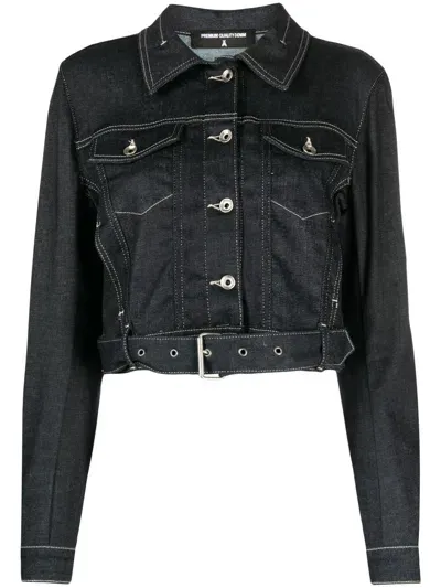 Patrizia Pepe Cropped Contrast-stitch Denim Jacket In Blue