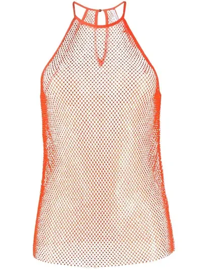 Patrizia Pepe Rhinestone Mesh Crew-neck Top In Orange