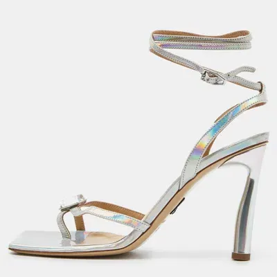 Pre-owned Paul Andrew Holographic Patent Leather Slingback Sandals Size 39.5 In Silver