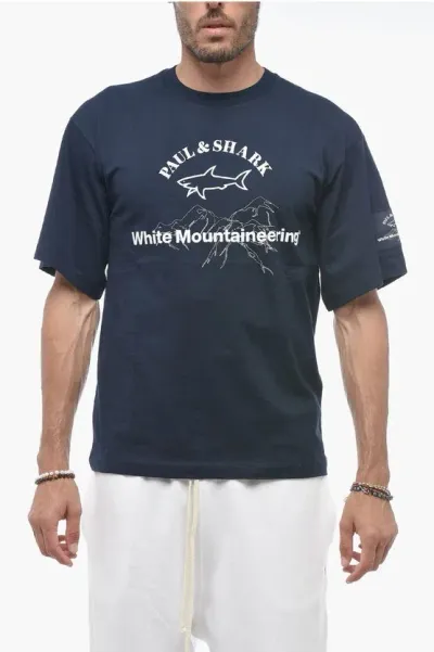 Paul & Shark White Mountaineering Solid Color Crew-neck T-shirt With Prin In Blue