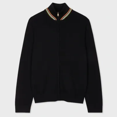 Paul Smith Black Merino Wool Full-zip Cardigan With 'signature Stripe' Trim